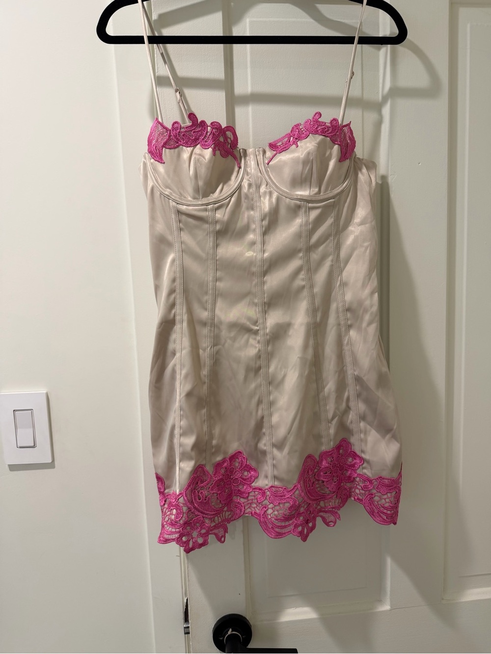 Meshki Ivory Slip Dress with Pink Lace Trim